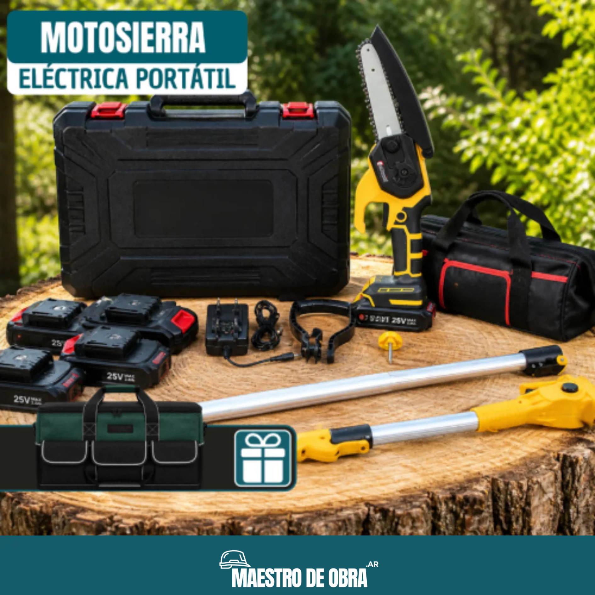 Motosierra Eléctrica Portátil con 4 Baterías Bivolt + REGALO: Bolsa de Herramientas Multiuso - Comprá 1 y Llevá 2